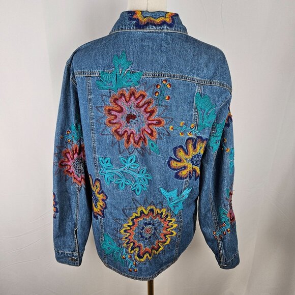 Chicos Design Embroidered Denim Jacket Size Medium 1 Boho Floral Artsy Blue - Picture 5 of 11